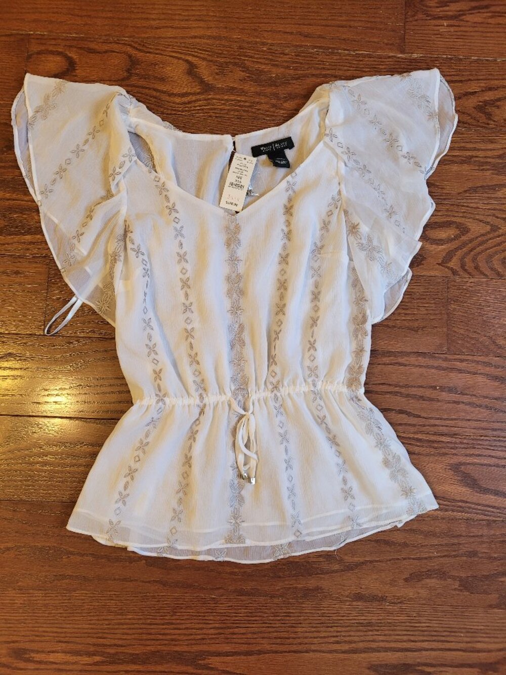 NWT White House Black Market Sheer Blouse Women XXS Boho Flutter Sleeve Top